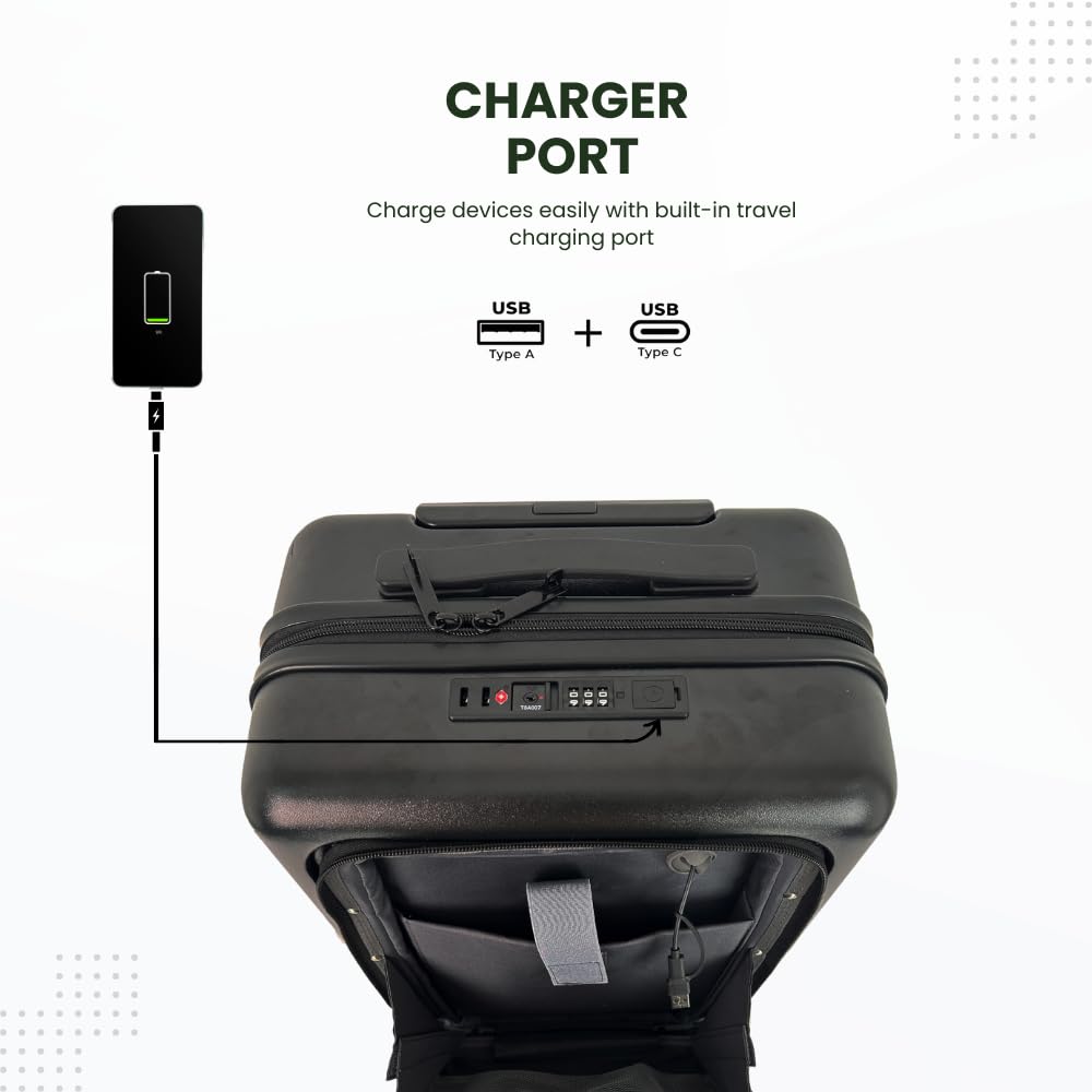 Fagoza Hardside - Equipaje de mano aprobado por aerolíneas de 22 x 14 x 9 pulgadas con bolsillo frontal, puerto de carga USB y portavasos, Negro, 22x14x9, Equipaje de mano abierto frontal rígido PC