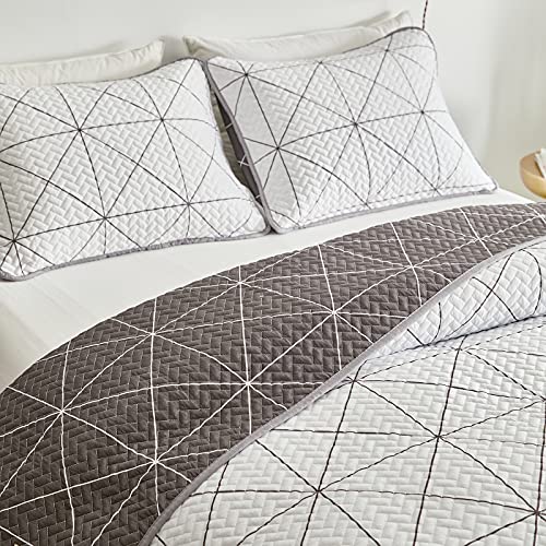 Uozzi Bedding 3 Piece Reversible Quilt Set Plaid White & Gray Queen Full Size 88X88 Soft Microfiber Lightweight Coverlet Bedspread Summer Comforter Set Bed Cover For All Season (1 Quilt+ 2 Shams) #TOP5