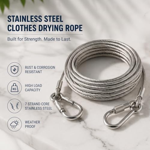 Image of Heavy Duty Stainless Steel Clothesline Rope with Carabiner Hooks - 5 Meter Rustproof Thick Laundry Drying Wire for Balcony, Bathroom, Camping & Travel Use