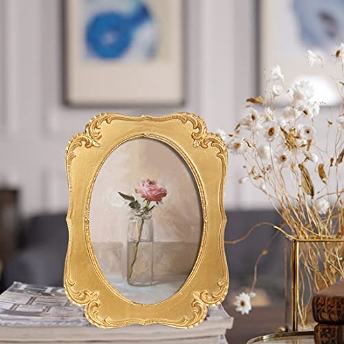 Sikoo Vintage 5X7 Gold Oval Picture Frame Antique Ornate Table Top And Wall Mounting Photo Frame With High Definition Glass Front For Home Decor, Retro Photo Gallery, Old-Fashioned Art, Gold #TOP4