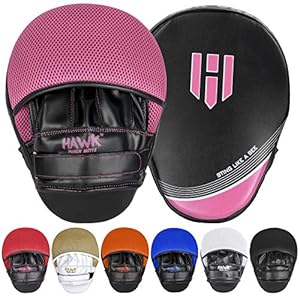 Punching-Mitts-Kickboxing-Muay-Thai-MMA-Boxing-Mitts-Training-Focus-Punch-Mitts-Bags-Hand-Target-Pads-for-Kids-Men-Women-Pair Hawk Sports Punching Mitts for Men, Women, and Kids, Leather Focus Mitts for Martial Arts and Boxing Training, Curved Punch Mitts for Karate, Kickboxing, Krav MAGA, Muay Thai, and Taekwondo, Pink