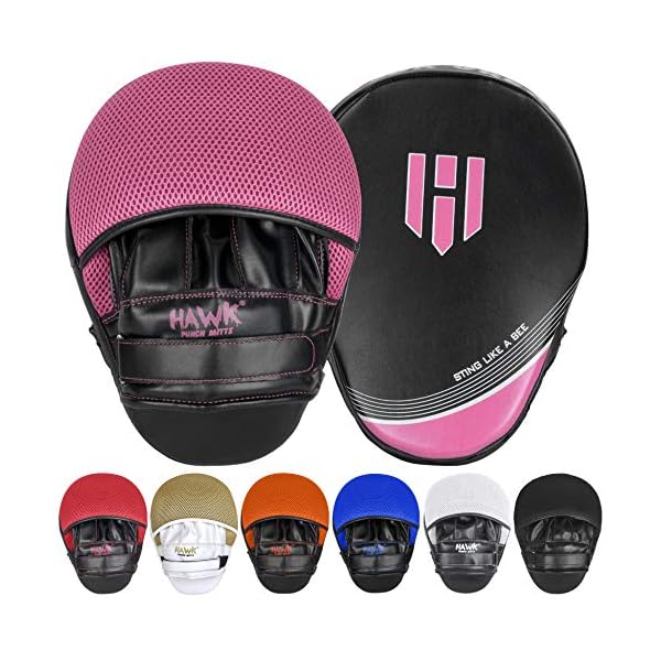 Punching-Mitts-Kickboxing-Muay-Thai-MMA-Boxing-Mitts-Training-Focus-Punch-Mitts-Bags-Hand-Target-Pads-for-Kids-Men-Women-Pair Hawk Sports Punching Mitts for Men, Women, and Kids, Leather Focus Mitts for Martial Arts and Boxing Training, Curved Punch Mitts for Karate, Kickboxing, Krav MAGA, Muay Thai, and Taekwondo, Pink