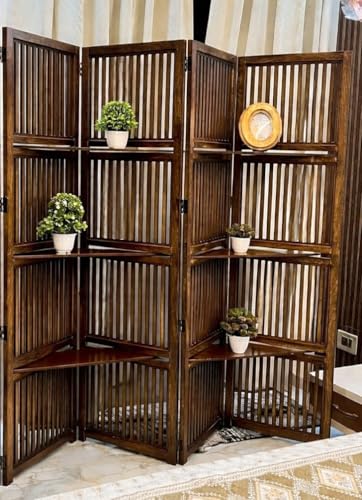 Image of Wooden Partition Divider for Living Room, Partition Wall, Privacy Divider, Freestanding Folding Panels for (6 Feet 4 Panel with 3 Shelve) (6 Feet 4 Panel Melamine Brown)