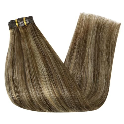 Image of Full Shine Real Hair Extensions Clip in Human Hair, Medium Brown to Blonde