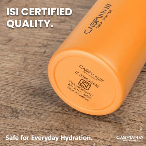 Image of CASPIAN / / / Astra Stainless Steel Water Bottle 1 litre (1000 ml) | Single Wall, Leakproof & BPA-Free | Reusable Metal Bottle for Fridge, Home, Office, Gym, School & Travel, Tangerine, Pack of 1