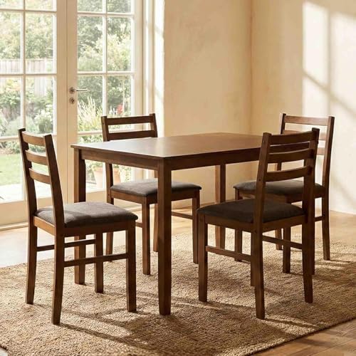 Image of Royaloak Maple Wooden 4 Seater Dining Table Set with Cushioned Chairs, Wooden Veneer Table Top, Solid Wood Thick Legs, 55mm Apron Support, Modern Sturdy Dining Furniture for Home & Dining Room