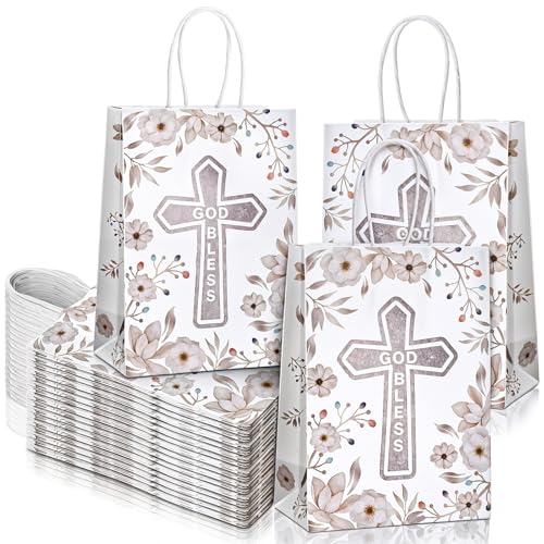 MAQUITA Paquete de 50 bolsas de regalo de primera comunión para niños y niñas, bolsa de regalo de fiesta religiosa, bolsas de dulces de bautizo con asas para baby shower, bautizos, bodas