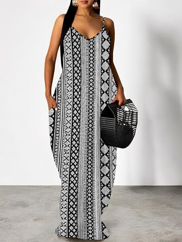 Image of Women's Summer Maxi Dress Spaghetti Strap Floral Boho Beach Long Sundress with Pockets