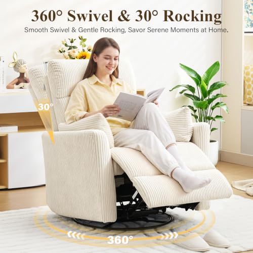 Image of BOSMILLER 360Swivel Recliner Chair, Nursery Chair with 2 Pillows, Rocker Chair with Soft Corduroy Fabric for Living Room, Bedroom