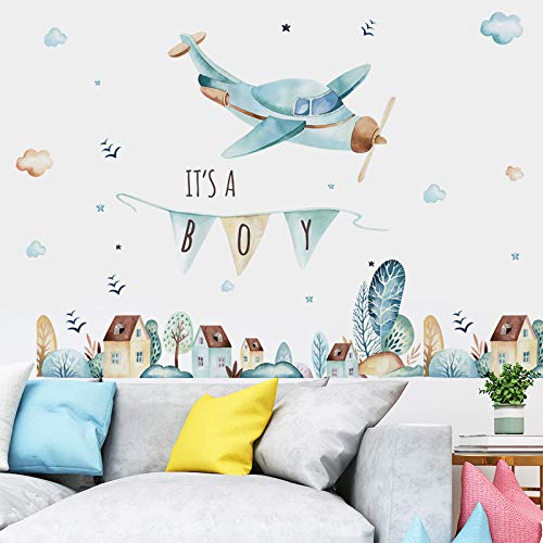 Image of Its a Boy Banner Airplane Wall Stickers Aircrafts Birthday Banner Nursery Wall Decal for Nursery Playroom Girls and Boys Children's Bedroom Home Decor
