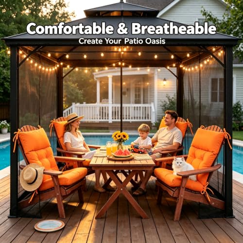 Image of QILLOWAY Outdoor Rocking Chair Cushions Set of 4, 100% Polyester Waterproof Patio Rocking Chair Cushion, High Back Weatherproof Chair Pad for Adirondack & Outdoor Furniture, Orange