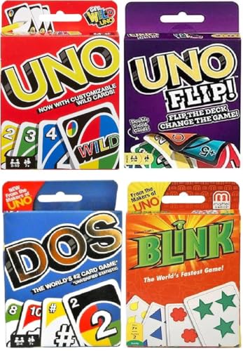 Mattel Uno, Flip, Dos und Blink Kartenspiel, Combo 4 Stück