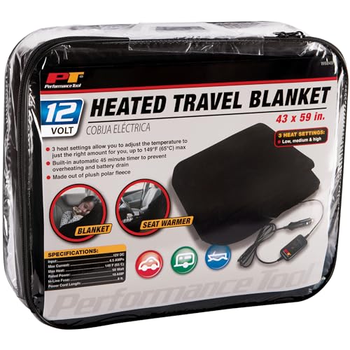 Image of Performance Tool W6049 12v Heated Travel Blanket - Stay Warm on Road Trips, Camping, and Outdoor Activities with Soft and Cozy Fleece Material
