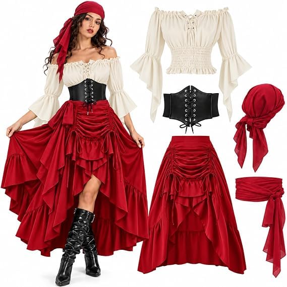 5pcs Pirate Costume Women, Halloween Costumes for Women including Pirate Top, Skirt, Corset, Belt and Scarf, Medieval Renaissance Costume for Halloween Carnival Cosplay and Fancy Dress