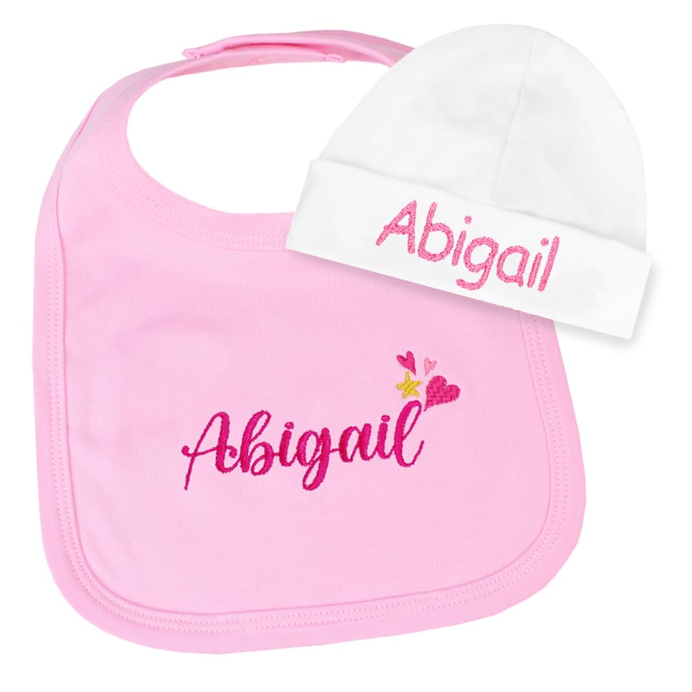 TeddyT's Personalised Baby Girls Cotton Bib with Hearts & Stars Embroidery and White Hat (3-6 Months)