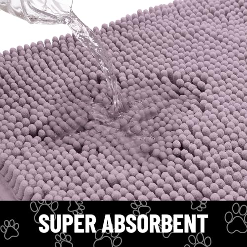 Image of Smiry Dog Door Mat for Muddy Paws, Absorbent Dirt Trapper Non Slip Quick Dry Washable Chenille Mat for Mud Dogs, Entry Rug for Indoor and Outdoor (40x32 Inches, Deep Plum and White)