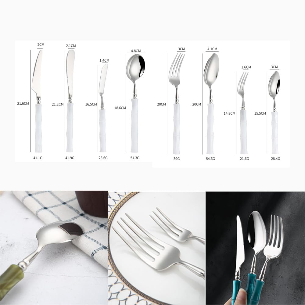 Set di Posate con Manico in Acrilico, da Cucina, in Acciaio Inox, Posate, Coltello da Bistecca, forchetta, Cucchiaio, cucchiaino da tè (Beige, Bianco, Argento, Coltello Rotondo - 6