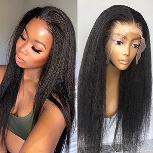 Unice Yaki Kinky Straight 13X4 Lace Front Wig Human Hair Pre Plucked With Baby Hair, Brazilian Remy Hair Italian Yaki Frontal Wigs For Women Free Part 150% Density Natural Color 24 Inch #TOP7