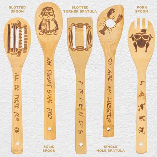 Friends Wooden Spoons for Cooking, 6 Piece Kitchen Utensils Set with Holder, Gifts for Fans, TV Show Merchandise, Non-Stick, Housewarming Birthday Present for Friend/Mom/Women