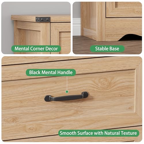 Image of Nightstand with 3 Drawers, 24 inch Wide Farmhouse Bedside End Table, Rustic Wood Side Table Night Stand with Mental Handle, Tall Modern Small Dresser Chest of Drawers for Bedroom, Living Room, Dorm, Oak