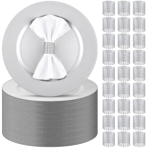 200 Pieces Charger Plates Bulk with Napkin Rings,Simple Style,Silver
