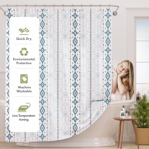 Image of AmazerBath Boho Shower Curtain, 72x72 Washable Cloth Navy and White Shower Curtains for Bathroom, Fabric Rustic Neutral Shower Curtain Set with 12 Hooks, Modern Camper RV Dorm Stall Shower Curtain