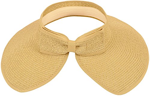 Simplicity Women's Roll Up Wide Brim Straw Sun Hat Visor Ribbed_Beige #TOP1