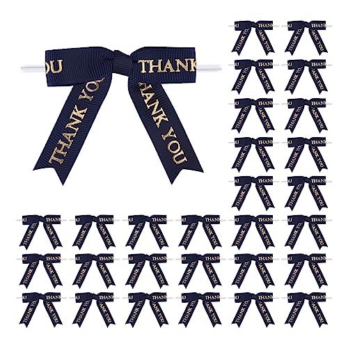 Meseey 30 Pcs Thank You Navy Blue and Gold Printed Ribbon Bows 2.5 Inch Twist Tie Crafts Small Bows for Gift Wrapping, Baby Shower,Wedding, Party Favors, Cake Pops,Treat Bags (2.5", Navy Blue)