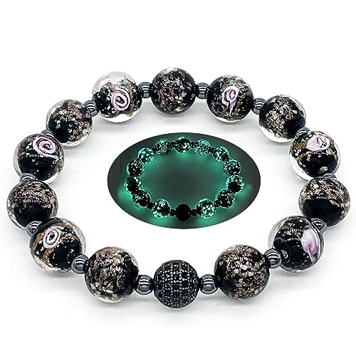 ARTSY Crafts Glow in The Dark Firefly Beads Bracelets Ocean Blue Luminous Murano Glass Beads Jewelry Mermaid Crystals Healing Inspirational Bracelet Bangle (Black Wrist 6-7 in)