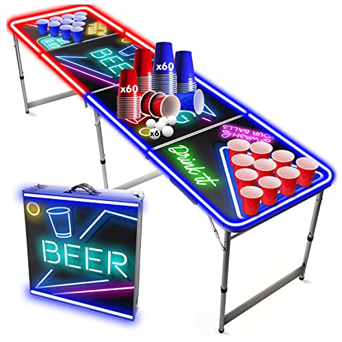 Beer Pong® - Table Lumineuse avec Néons Rouges et Bleus + 120 Cups + 6 Balles - Table Pliable et Transportable avec Revêtement Etanche Anti-Rayures - Jeu de...