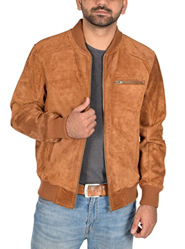 Mens Classic Fit Baseball Genuine Soft Suede Leather Bomber Jacket Reg Tan (Large)