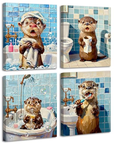 Toile de salle de bain loutre amusante sous cadre, lot de 4 tableaux prêts à suspendre