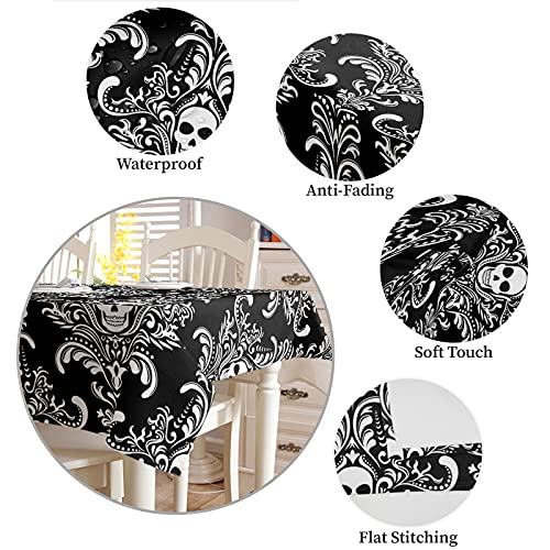 Warm Tour Rectangle Halloween Table Cloth Vintage Gothic Skull Damask Pattern Washable Waterproof Tablecloths Black Backdrop Table Cover For Dinner Wedding Kitchen Holiday Party Decor #TOP4