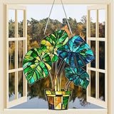 1 atrapasueños acrílico colgante de Monstera en maceta, decoración de ventana de 7.1 pulgadas con diseño de vidrieras impresas, arte de pared, idea de regalo y adorno de jardín para uso interior y