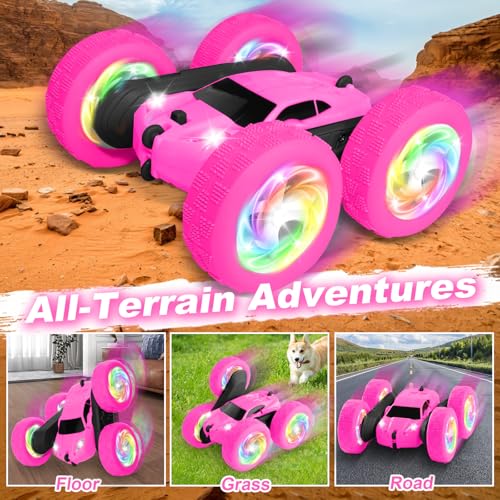 Image of Remote Control Car, RC Cars for Girls, 2.4 GHz Double Sided RC Crawler with Upgraded USB-C Modular Battery, 360Rotating Car Toys for 6 7 8 9 10 11 12 Year Old Girl Birthday Gift Rose