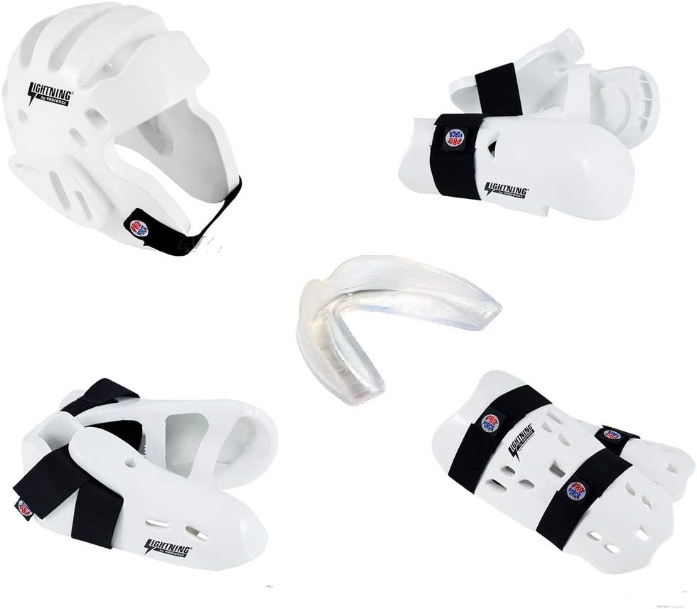 Lightning 8 Piece Deluxe Gear Set w/Shin Guards & Free Mouthpiece (Red, Child Large)