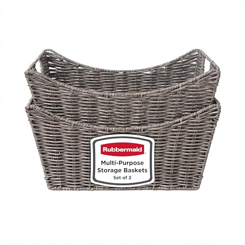 Rubbermaid Set of 2 Multi-Purpose Storage Baskets for Indoors or Outdoors Woven Resin Rattan Decorative Baskets for Home Organizing 15 x 11.25 x 7.25 Inch Dark Gray