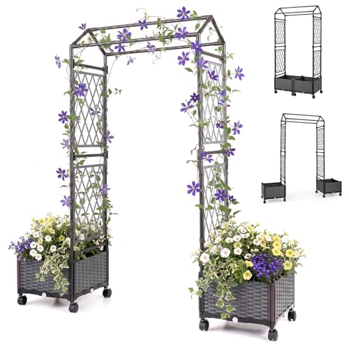 homasis arco da giardino con ruote, 2 in 1 pergolato da giardino con arco per rampicanti e fioriera, sistema di auto-irrigazione, decorazioni da esterno per matrimoni (grigio, 154 x 40 x 163 cm)