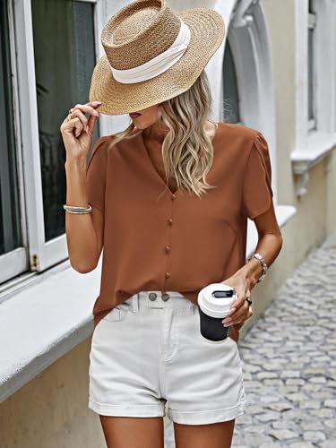 PRETTYGARDEN Short Sleeve Tops for Women 2026 Summer Spring V Neck Western Chiffon Button Down Shirts Dressy Casual Work Blouses (Brown,M) — view 4