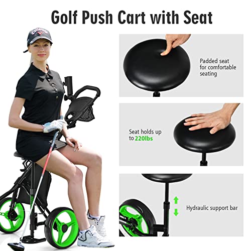 Renatone Golf Push Cart W/Seat, 3 Wheels Foldable Golf Caddy Cart W/Adjustable Umbrella Holder, Storage Bag, Cup Holder, 4 Height Position Handle, Lightweight Golf Trolley For Club (Green) #TOP2