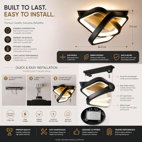 Image of 50W LED Ceiling Light, Square Chandelier Ceiling Lamp, 3 Color Modes Warm /Natural /Cool White, CRI 97 Anti-Glare Eye Protection Light for Bedroom, Living Room, Hall, Dining Room, Office, Black