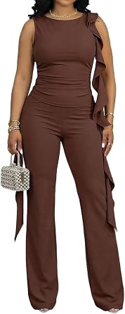 Women Two Piece Outfits Ruffle Sleeveless Crop Top Wide Leg Pant Sets