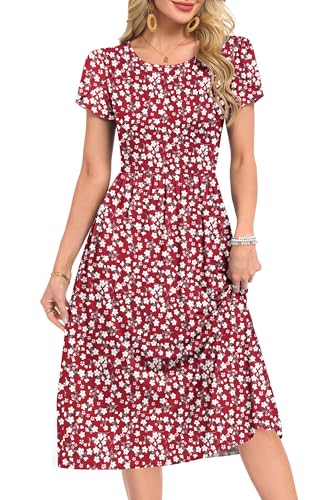 MOLERANI Kleider Damen Sommer - Rundhals Kurzarm Freizeit Kleider Hohe Taille Strandkleid mit Taschen Rotes Blumenmuster M 2