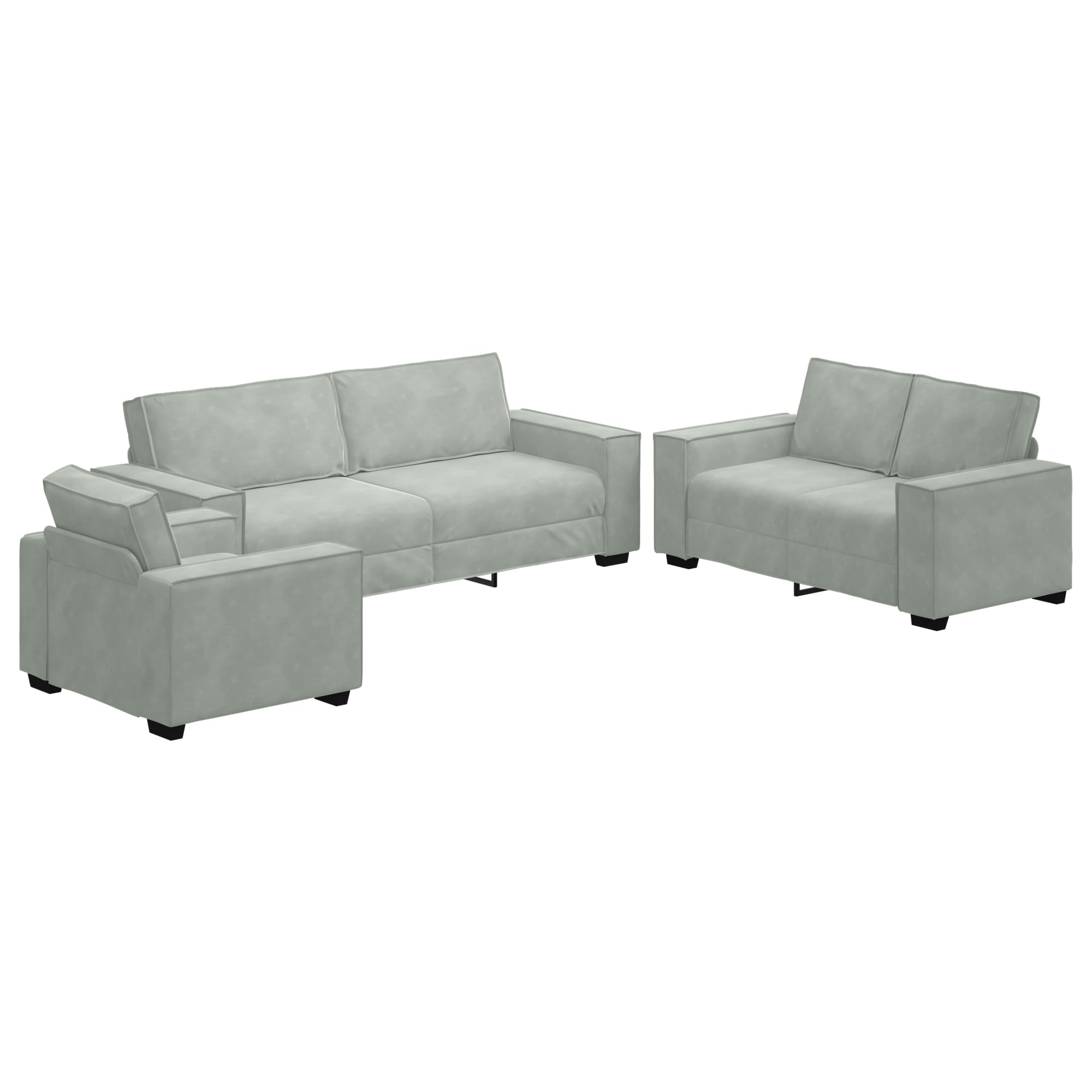 3-częściowy komplet mebli z poduszkami, jasnoszary, aksamitny – 3-osobowa sofa z miękkiego aksamitu zapewnia przytulną atmosferę, stabilna rama ze sklejki i metalu, szerokie podłokietniki