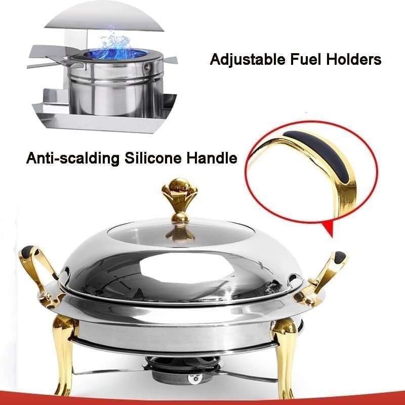 Stainless Steel Round Buffet - Full Size Hotpot Insulated Dining Plate with Viewable Lid, Food Plate and Fuel Rack, for Wedding Party(Gold,22cm)