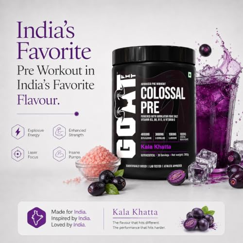 Image of GOAT Fit Colossal Pre | PreWorkout Powder 200mg Caffeine 4g Beta-Alanine 3g Citrulline 1.5g Arginine 1g Creatine with Himalayan Pink Salt (360gm - 30 /60 servings, Kala Khatta)