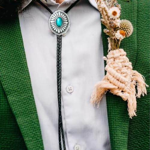 Image of AZORA Western Cowboy Bolo Tie Men Leather Necktie Leather Cord Turquoise Stone Bolo Ties for Men Women