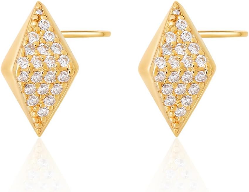 Gold Stud Earrings for Women 18K Gold Plated 925 Sterling Silver 6A CZ Heart Pyramid Hip-Hop Circular Shape Stud Minimalist Earring Trendy Anniversary Birthday Jewelry for Her Mom Wife Girlfriend