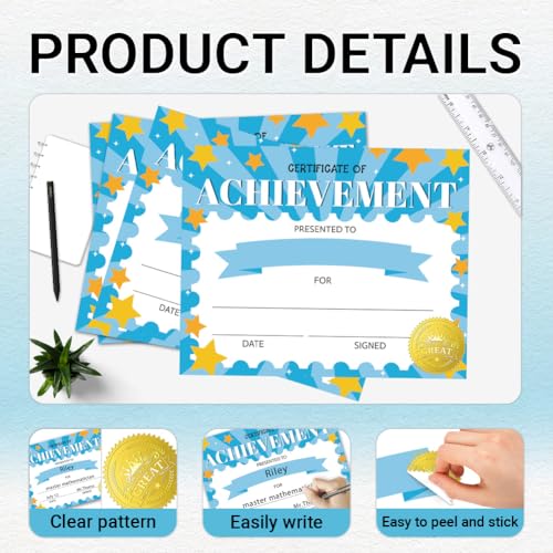 Doodlream 30 Stück Blaues Zertifikat für Erfolgreiche Teilnahme Anerkennungspapier mit 32 Stück Goldfolienaufklebern 25x20cm Blank Student Aktivitäten Award Vorschule Kindergarten urk unden papier