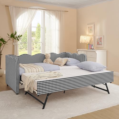 Image of KEIKI Twin Size Upholstery Gingham Daybed with Trundle and USB, Black